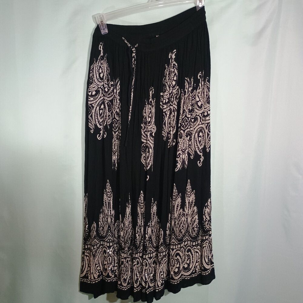 Black Boho Maxi Skirt Women's Paisley Print Elastic Waist Flowy Long Skirt